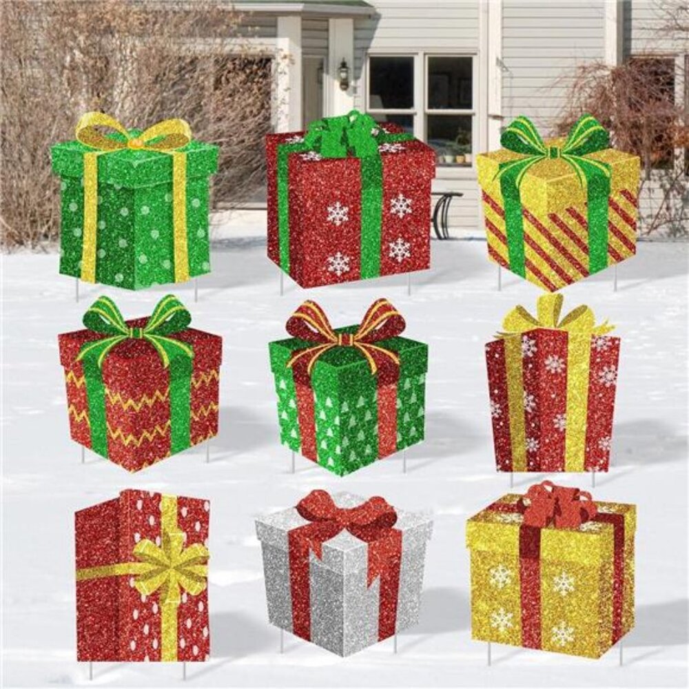 9 Pcs Christmas Decoration Outdoor Yard Sign with Stakes Xmas Lawn Sign Box Sign
